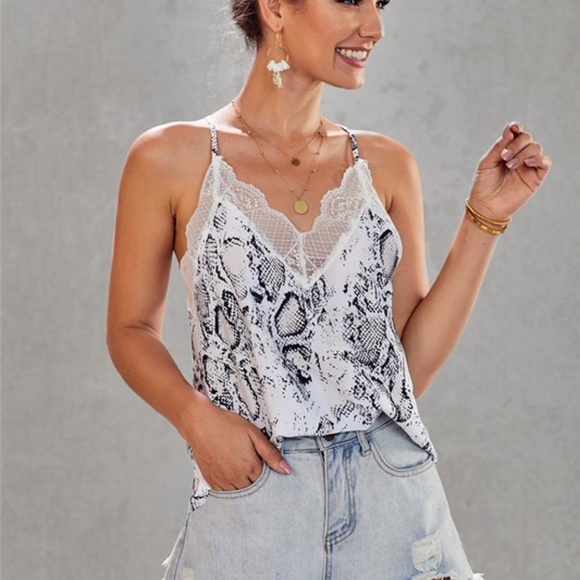 021 Boho Snakeskin Print Lace Cami Tank Top - Picture 10 of 12